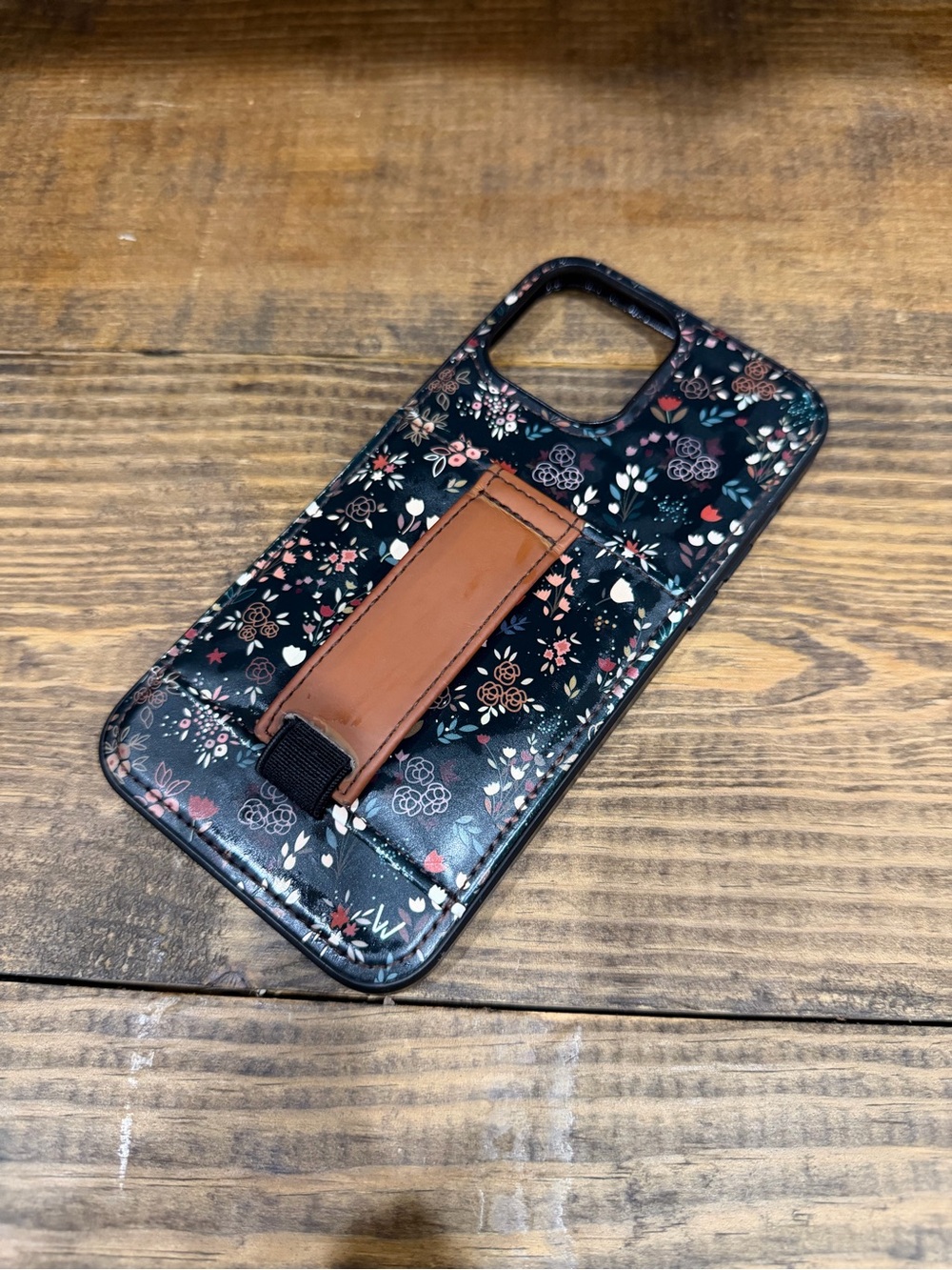 Floral Black Phone Case with Brown Strap